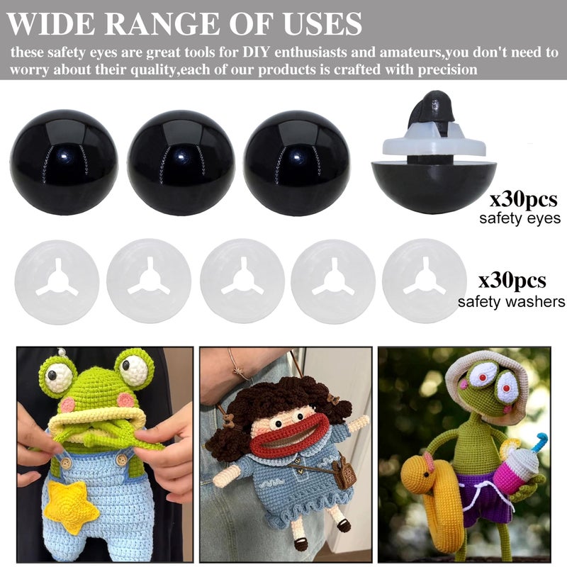 ARTCXC 30Pcs 24mm/0.95inchBlack Solid Plastic Safety Eyes Craft Eyes with Washers for Doll, Puppet, Plush Animal DIY Making - Image 3